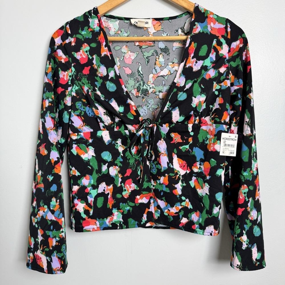 Open Edit Tie Front, Bell‎ Sleeve Floral Top, Black-multi, Sz. XXS NWT Nordstrom